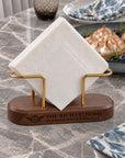 Personalised walnut napkin holder with brass stand engraved with a family name