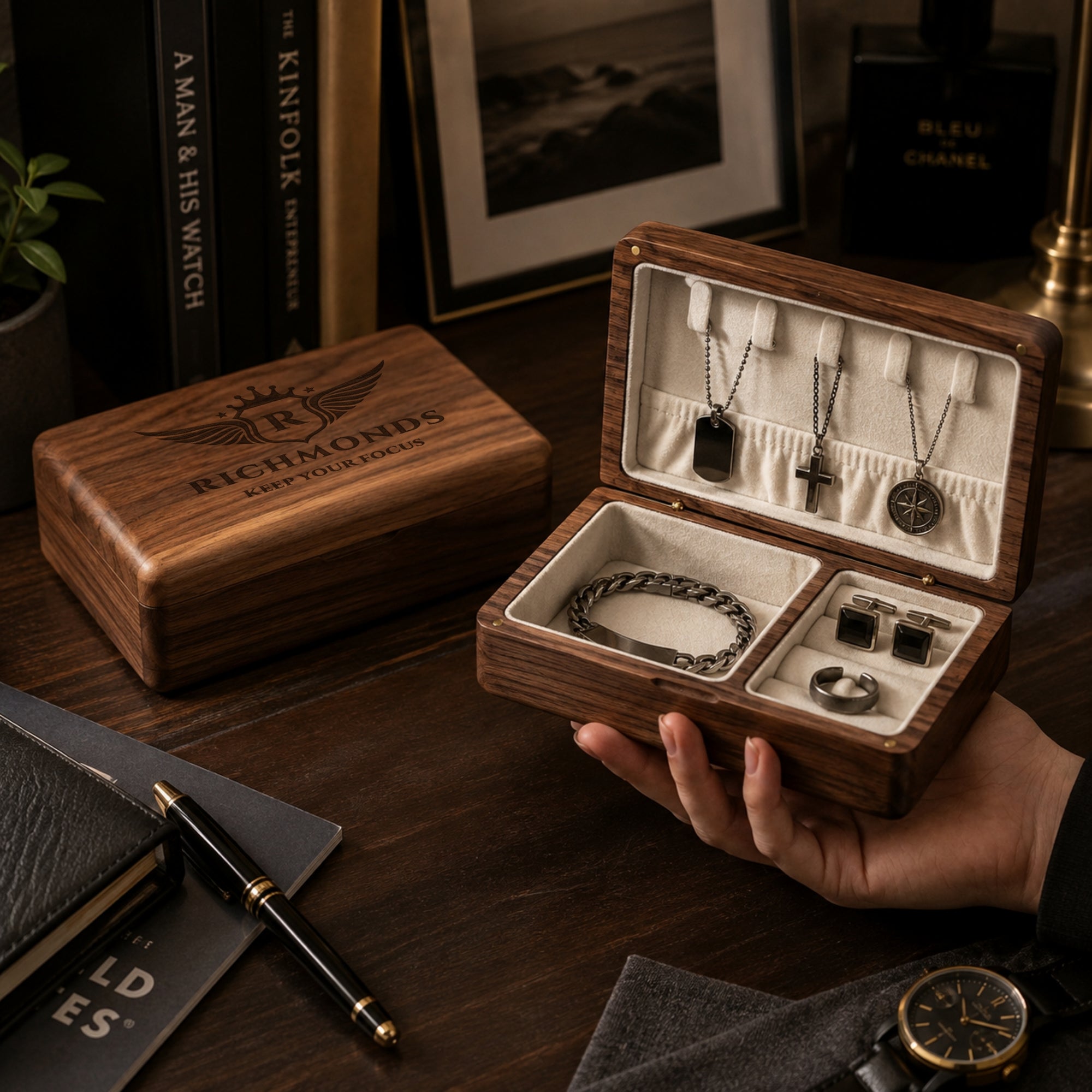 Personalised engraved walnut wood travel jewellery box with velvet-lined compartments
