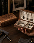 Personalised engraved walnut wood travel jewellery box with velvet-lined compartments