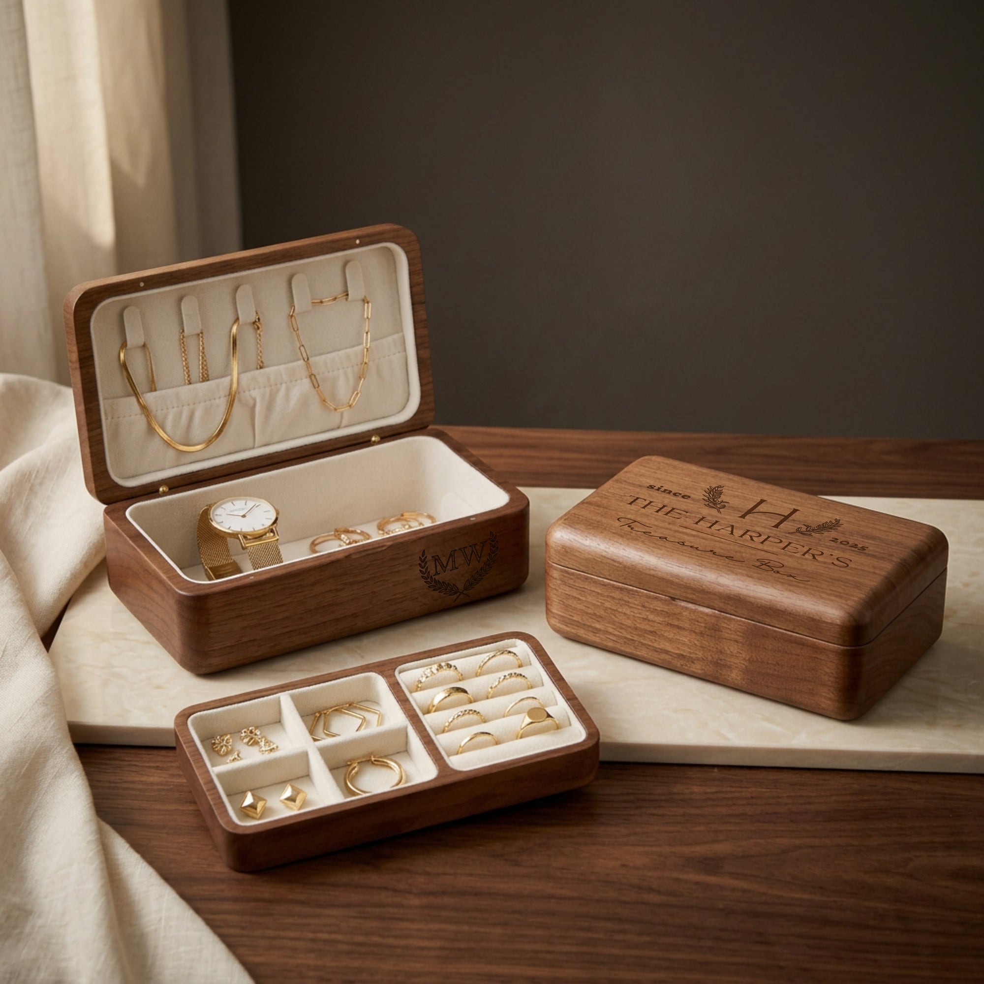 Personalised engraved walnut two-tier jewellery box with magnetic lid and velvet sections