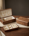 Personalised engraved walnut two-tier jewellery box with magnetic lid and velvet sections