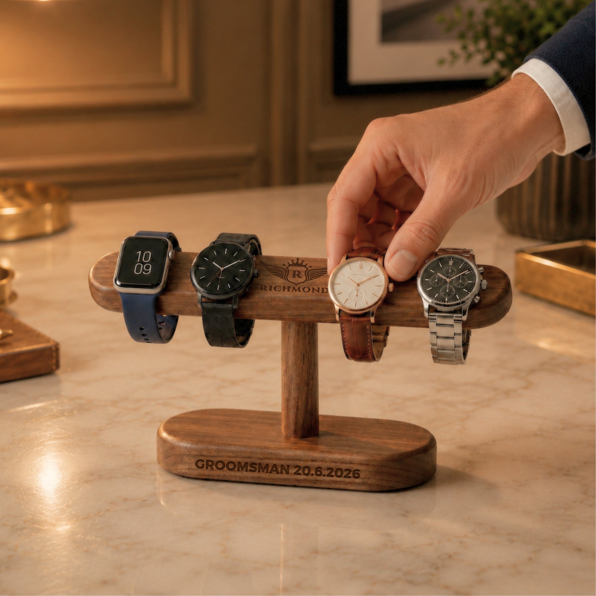 Personalised engraved walnut watch display stand holding four watches – groomsmen gift