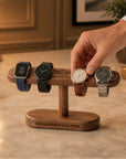 Personalised engraved walnut watch display stand holding four watches – groomsmen gift