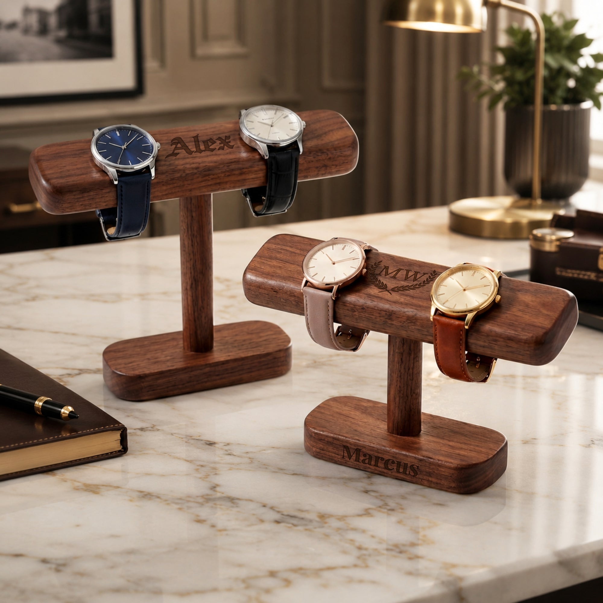 Personalised engraved walnut T-bar watch display stand with watches