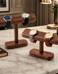 Personalised engraved walnut T-bar watch display stand with watches