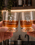 Two personalised engraved whisky glasses for a groomsman and bridesmaid, cheers
