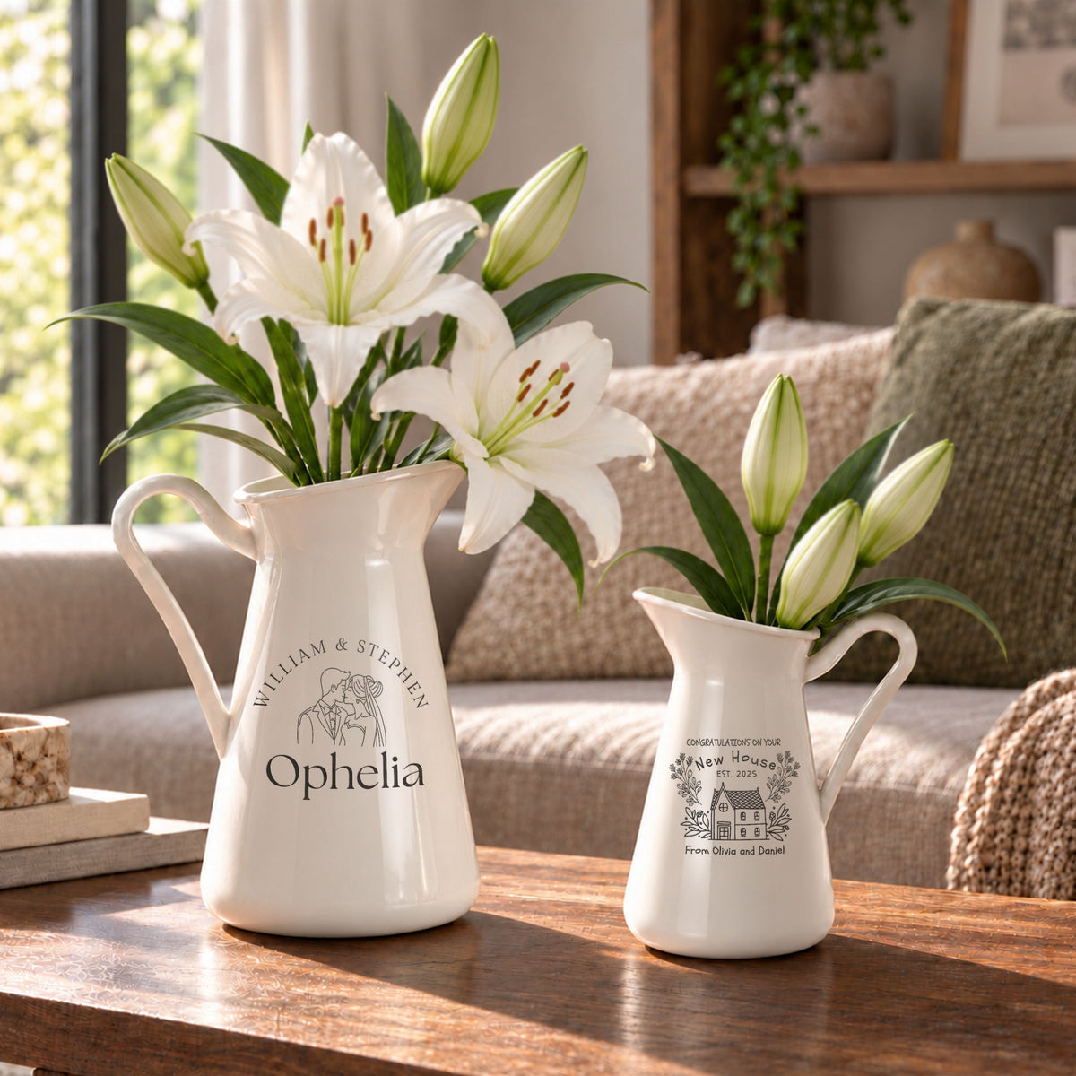 Personalised engraved white enamel vase jugs in two sizes holding lily flowers