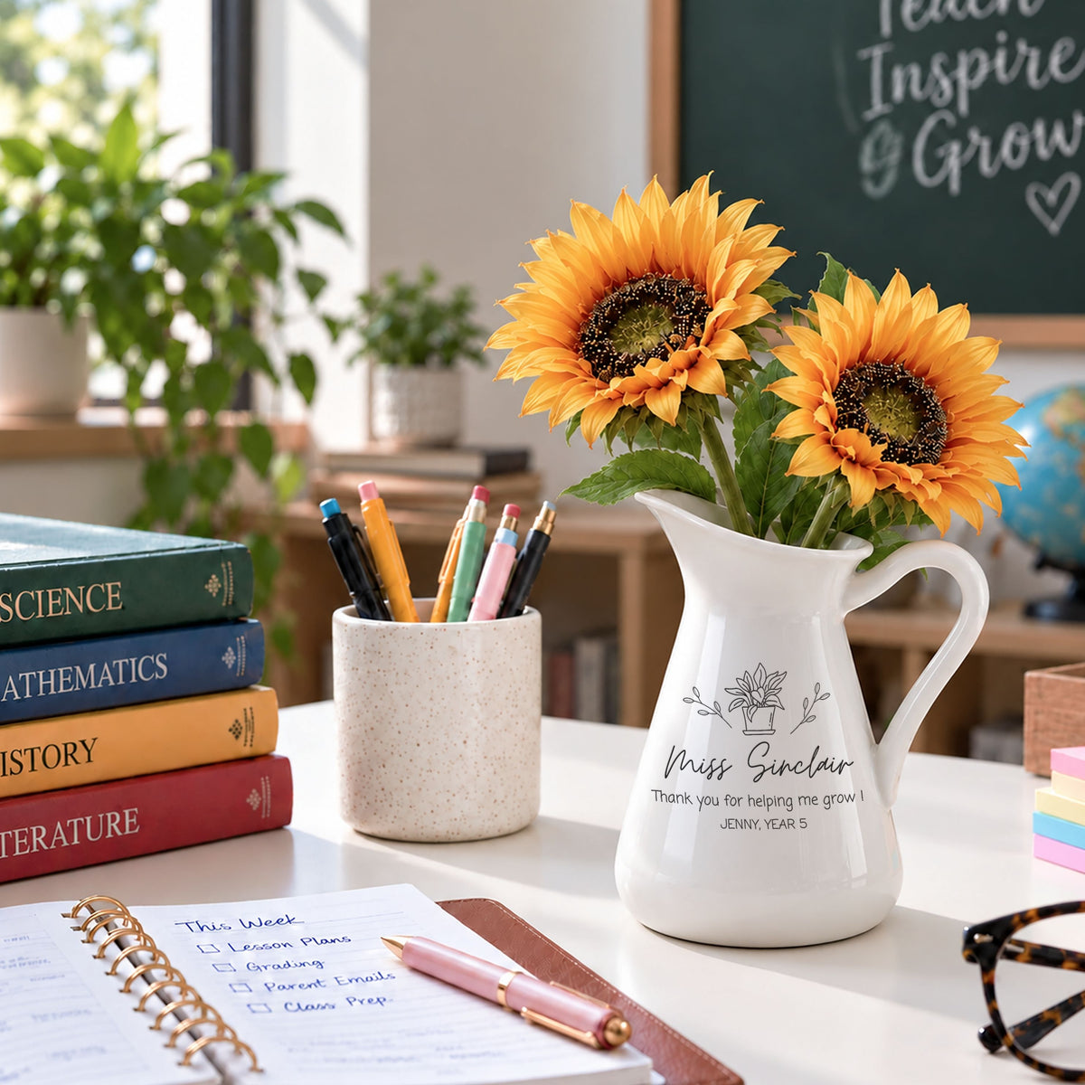 Personalised white enamel vase with sunflowers as a teacher gift