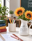 Personalised white enamel vase with sunflowers as a teacher gift