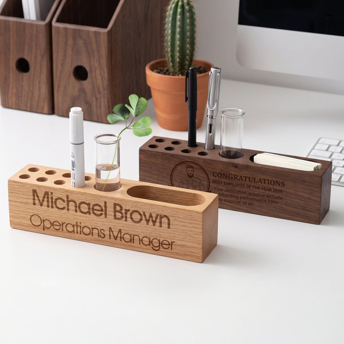 Personalised engraved wooden 4-in-1 desk organiser with pen holder and vase