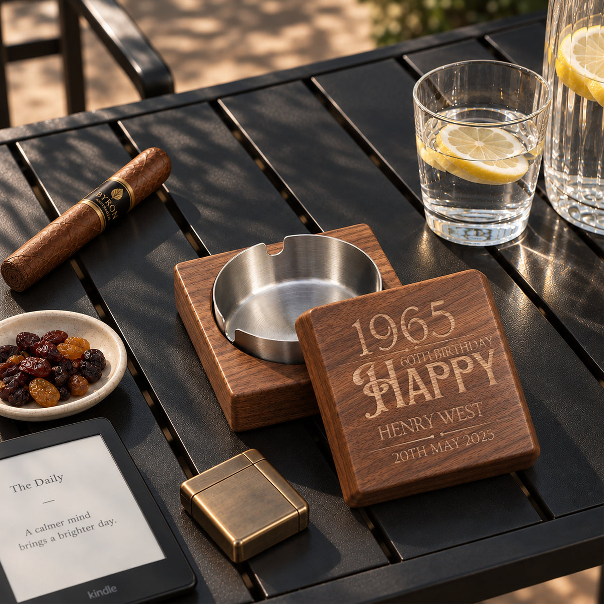 Personalised engraved wooden ashtray with lid in black walnut