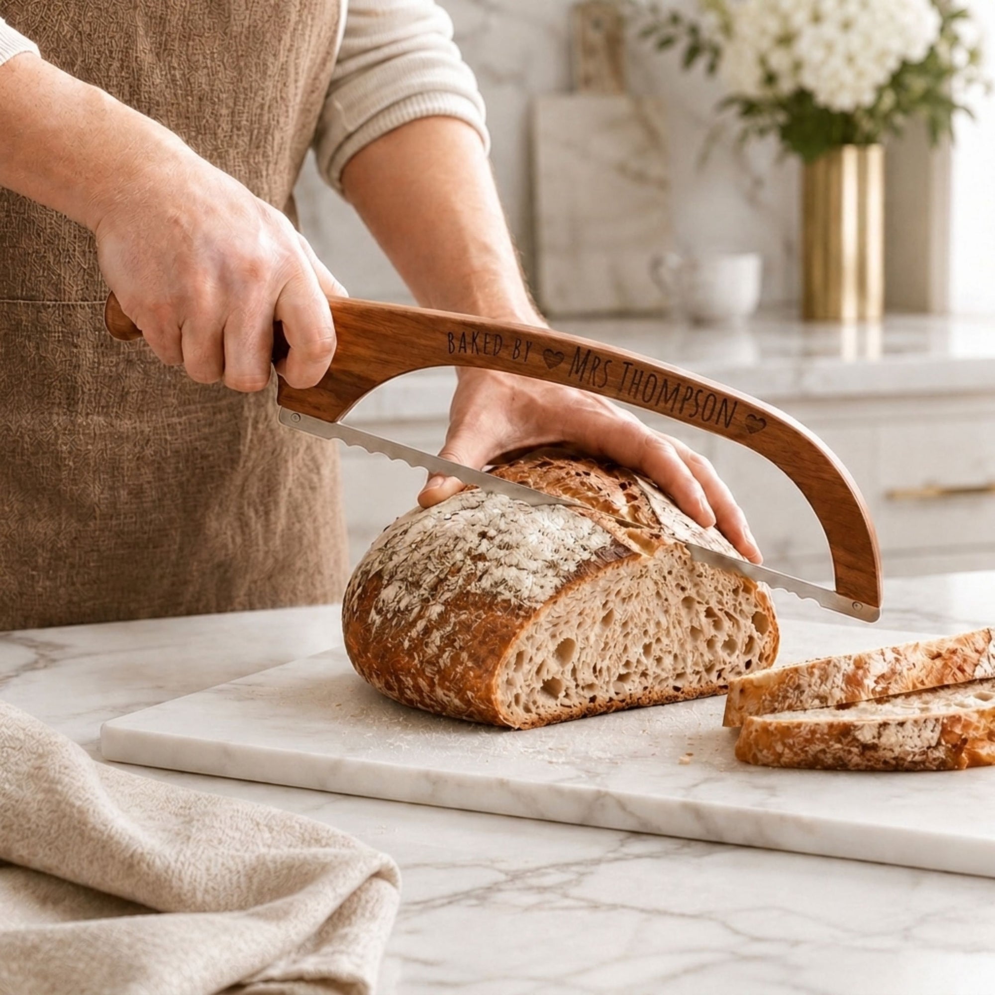Personalised wooden bread knife baker gift