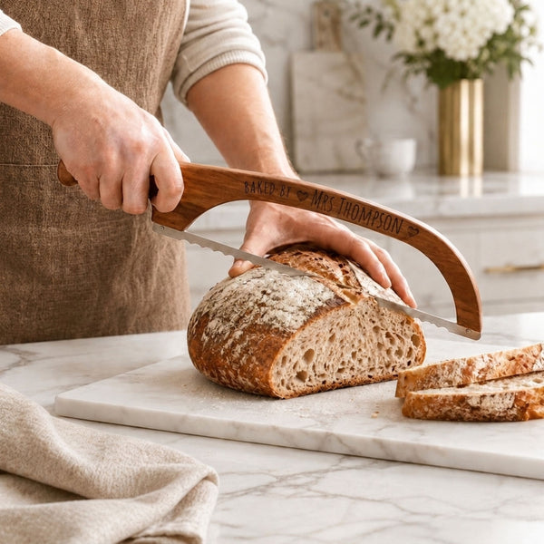 Personalised Engraved Acacia Wooden Bread & Sourdough Knife – Custom Baker's Knife, Housewarming & Wedding Gift