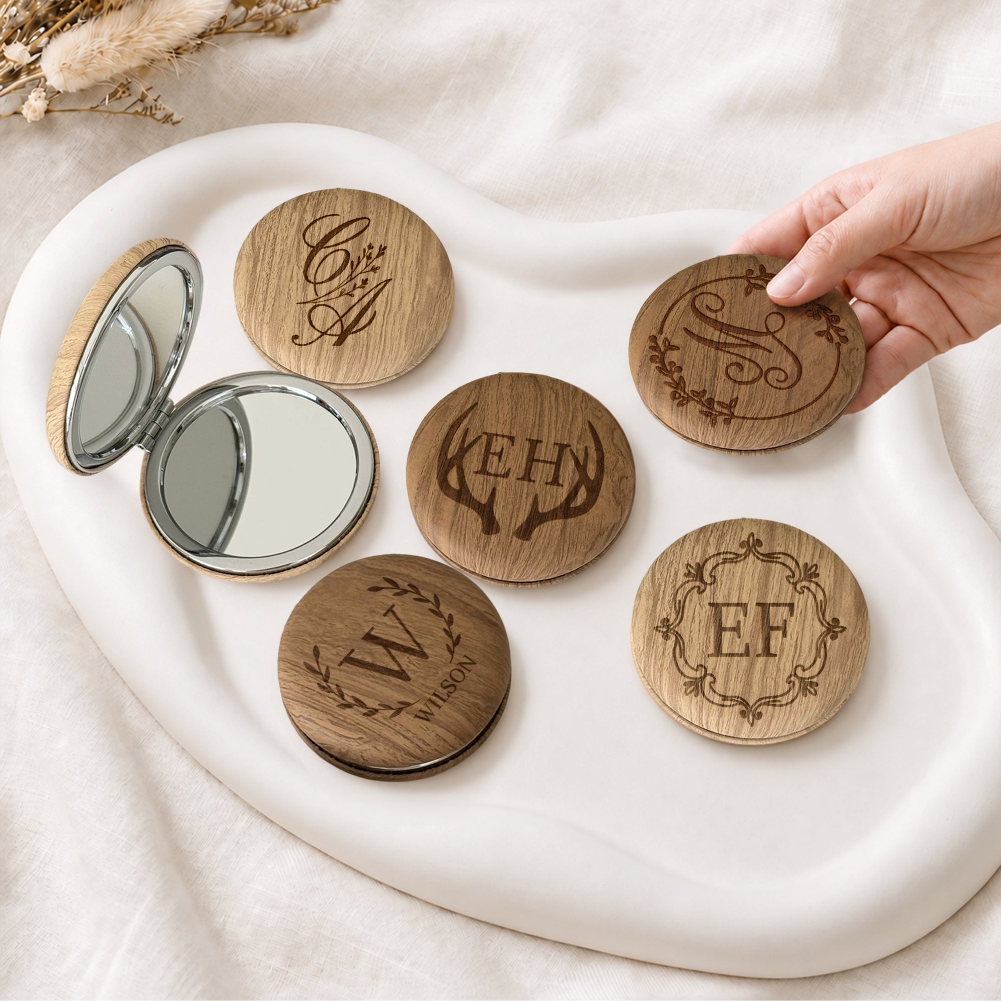 Personalised engraved wooden double-sided pocket mirror