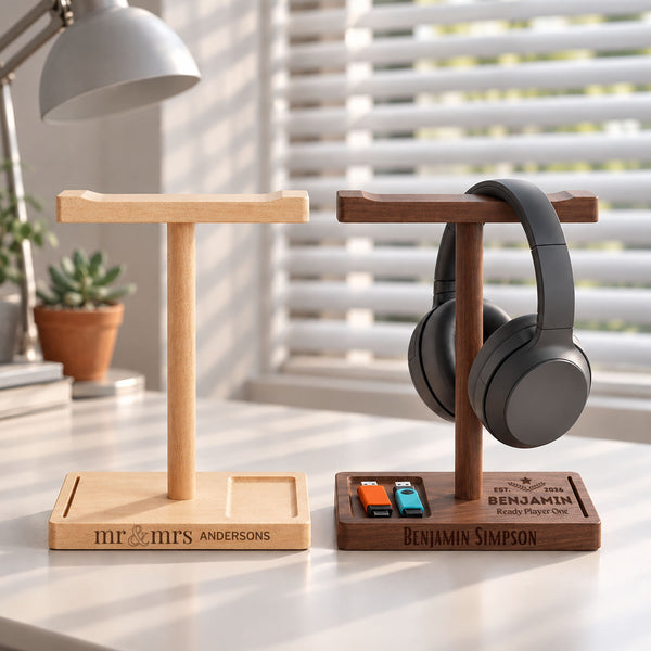 Personalised Engraved Wooden Headphone Stand with Storage Tray