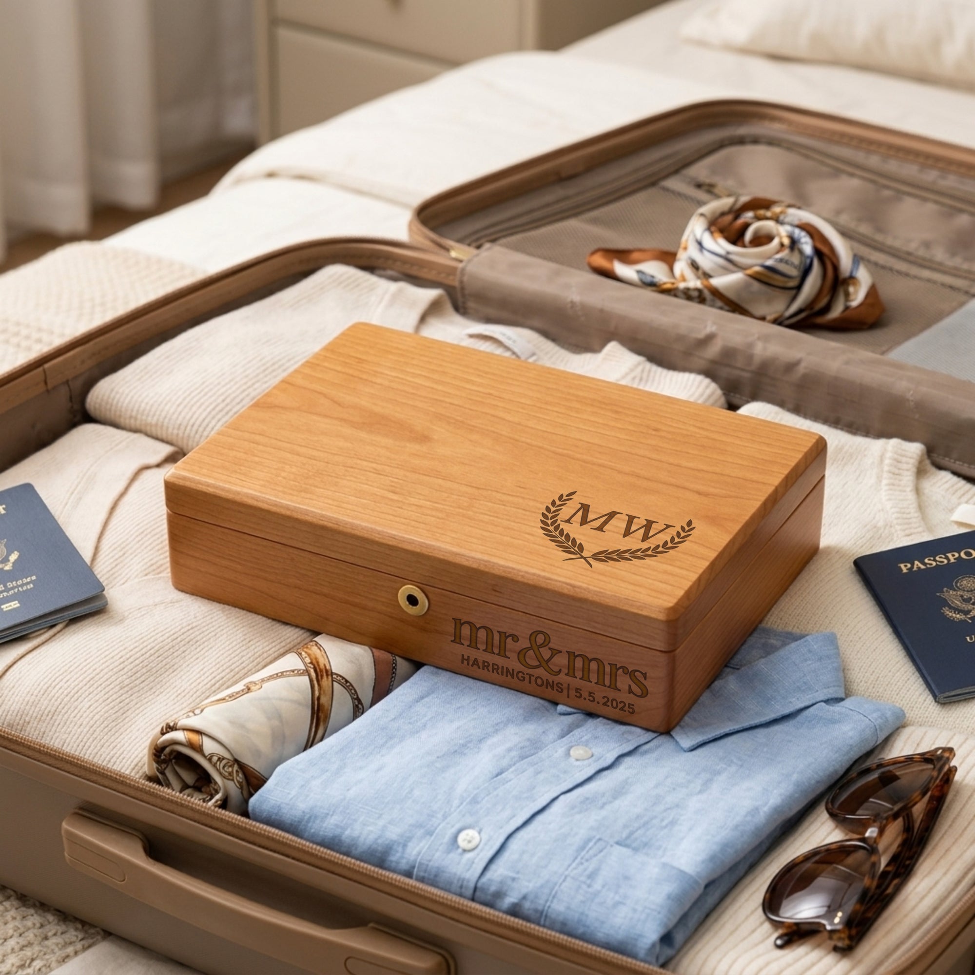 Personalised engraved wooden jewellery box with monogram – wedding and couple gift