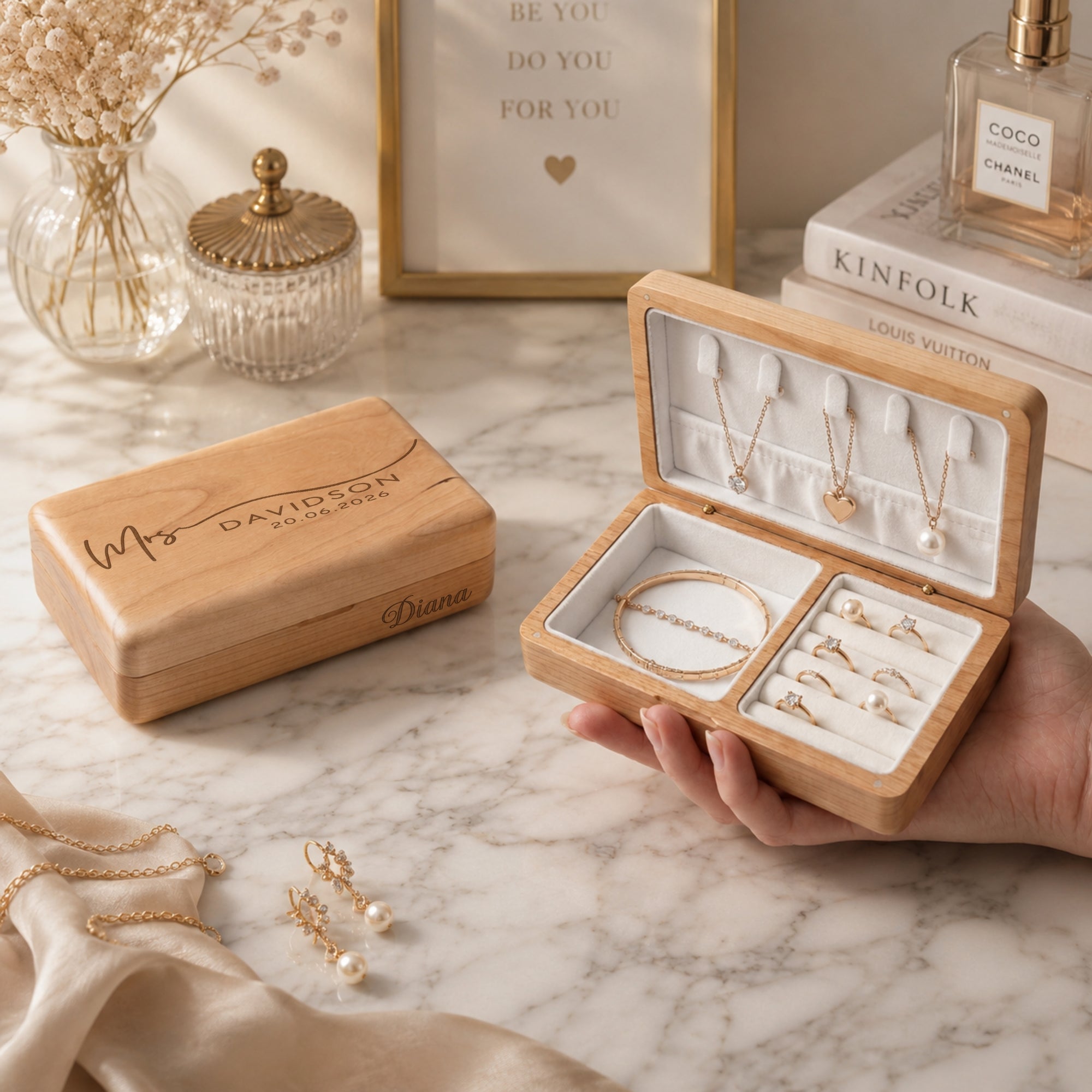 Personalised engraved cherry wood jewellery box open showing necklace, ring and earring sections