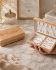 Personalised engraved cherry wood jewellery box open showing necklace, ring and earring sections
