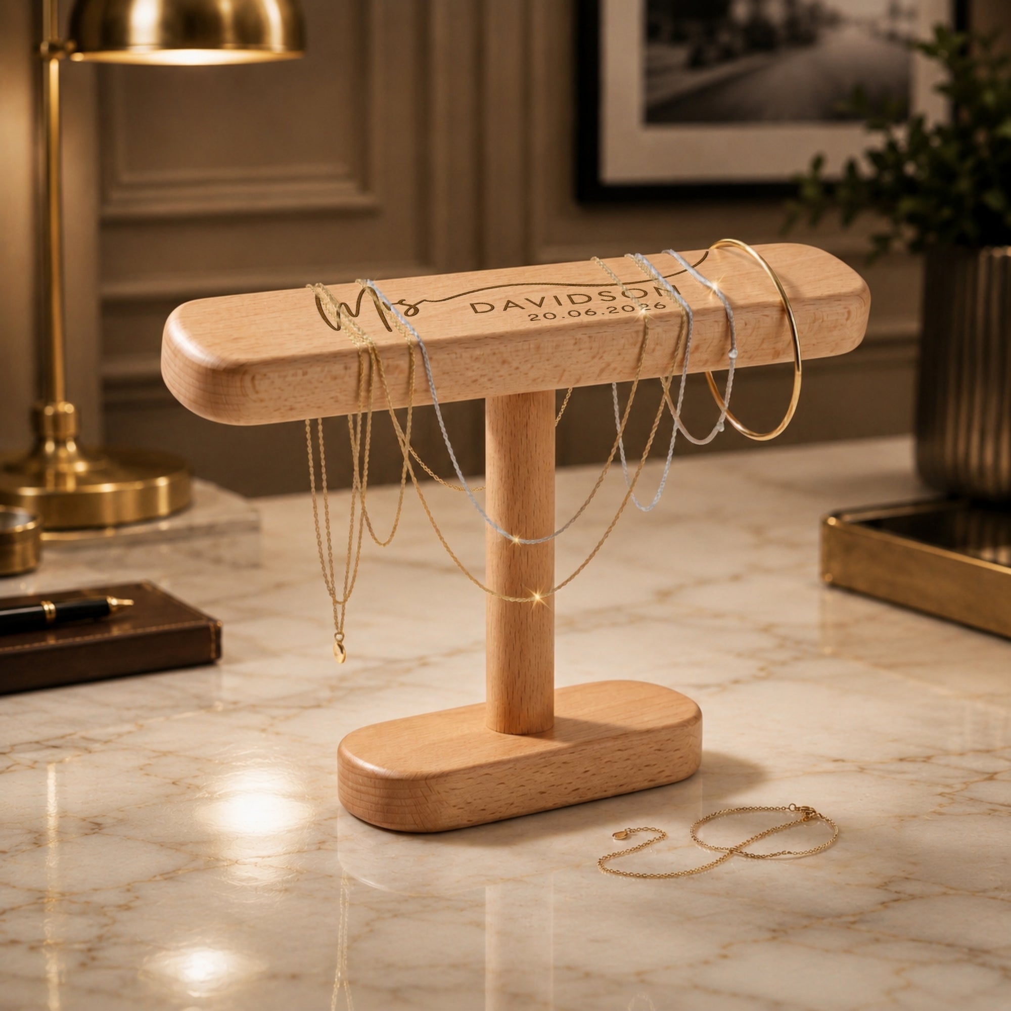 Personalised engraved wooden T-bar stand displaying necklaces and jewellery