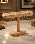 Personalised engraved wooden T-bar stand displaying necklaces and jewellery