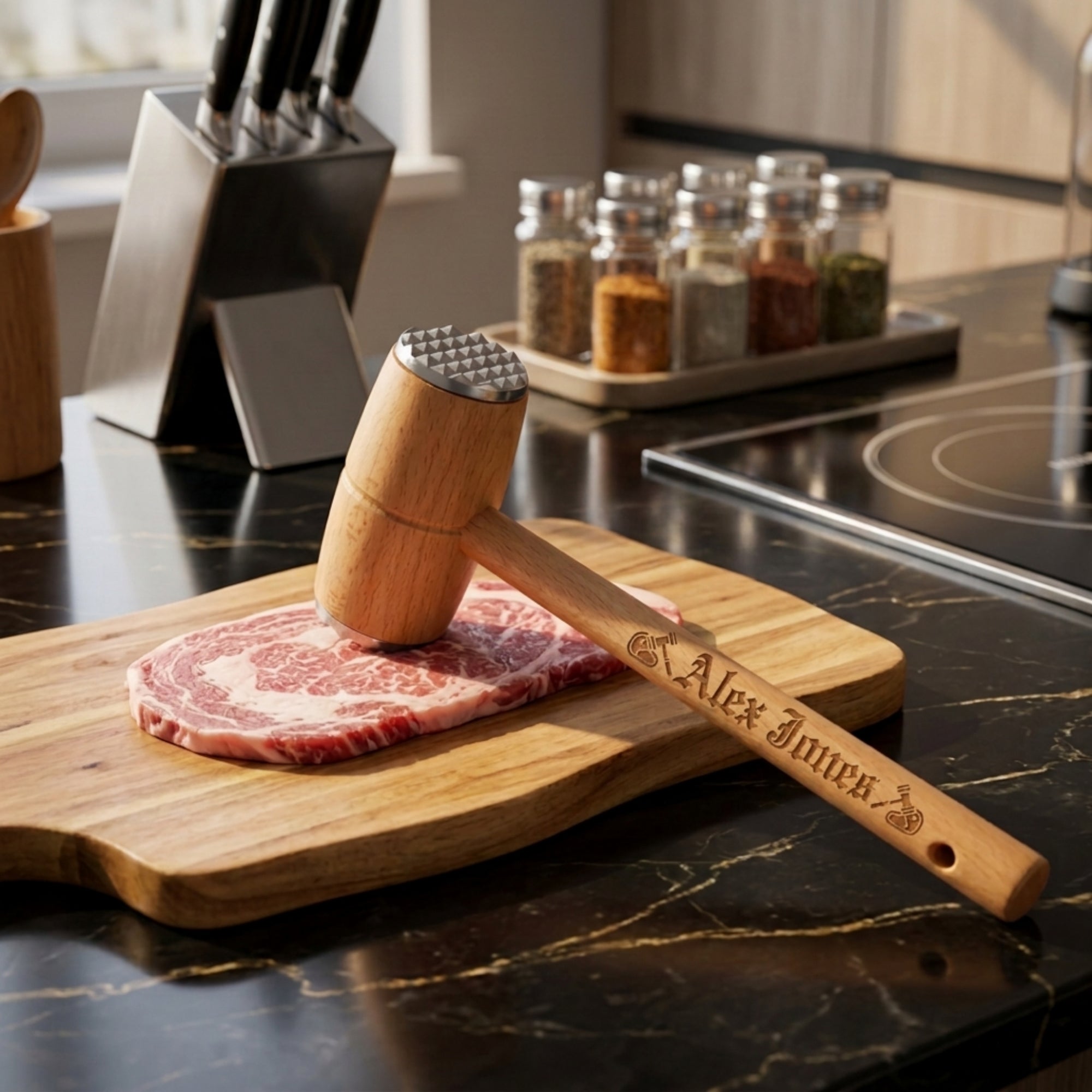Personalised wooden meat tenderiser hammer custom engraved solid wood mallet