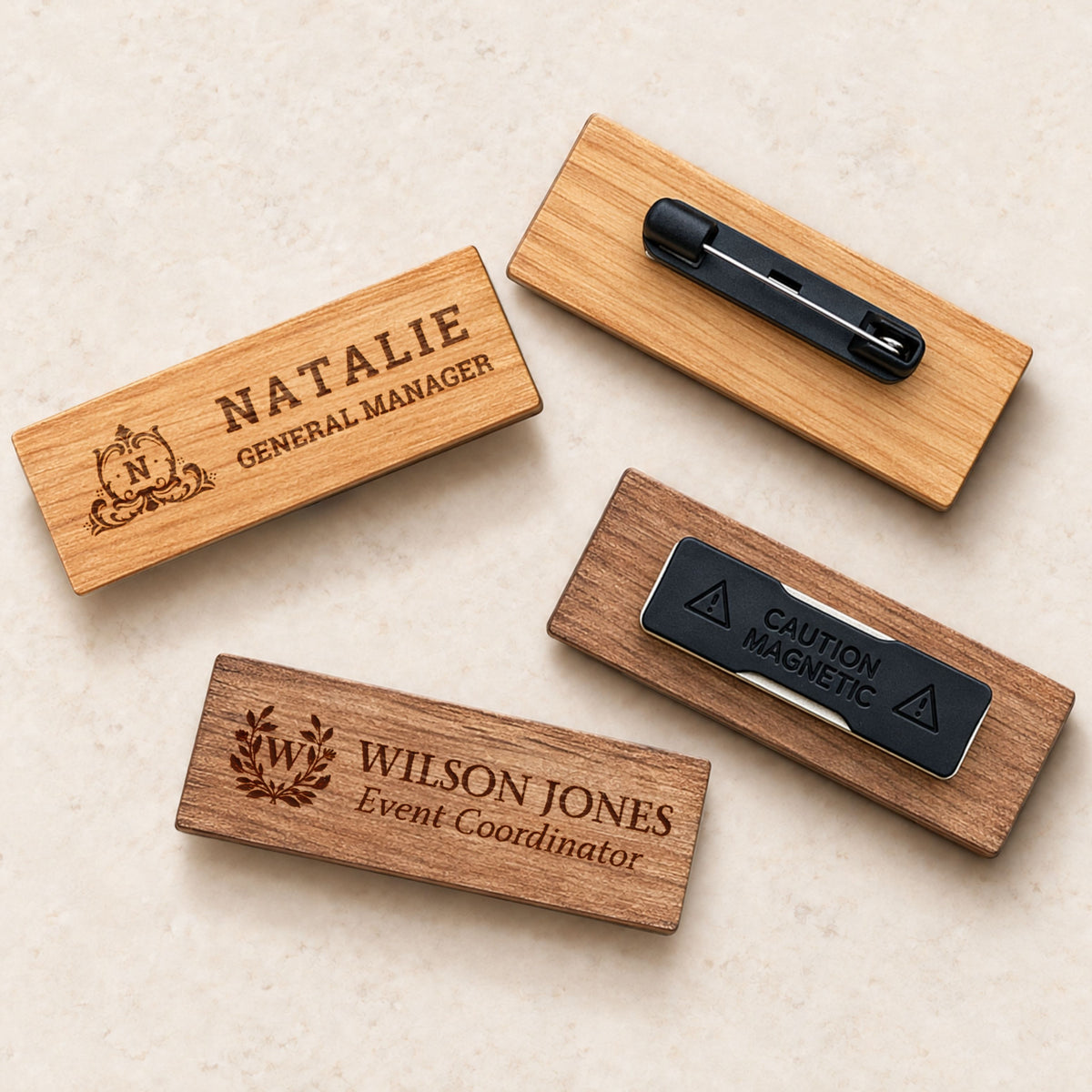 Wooden name badges showing brooch pin and magnetic back fittings