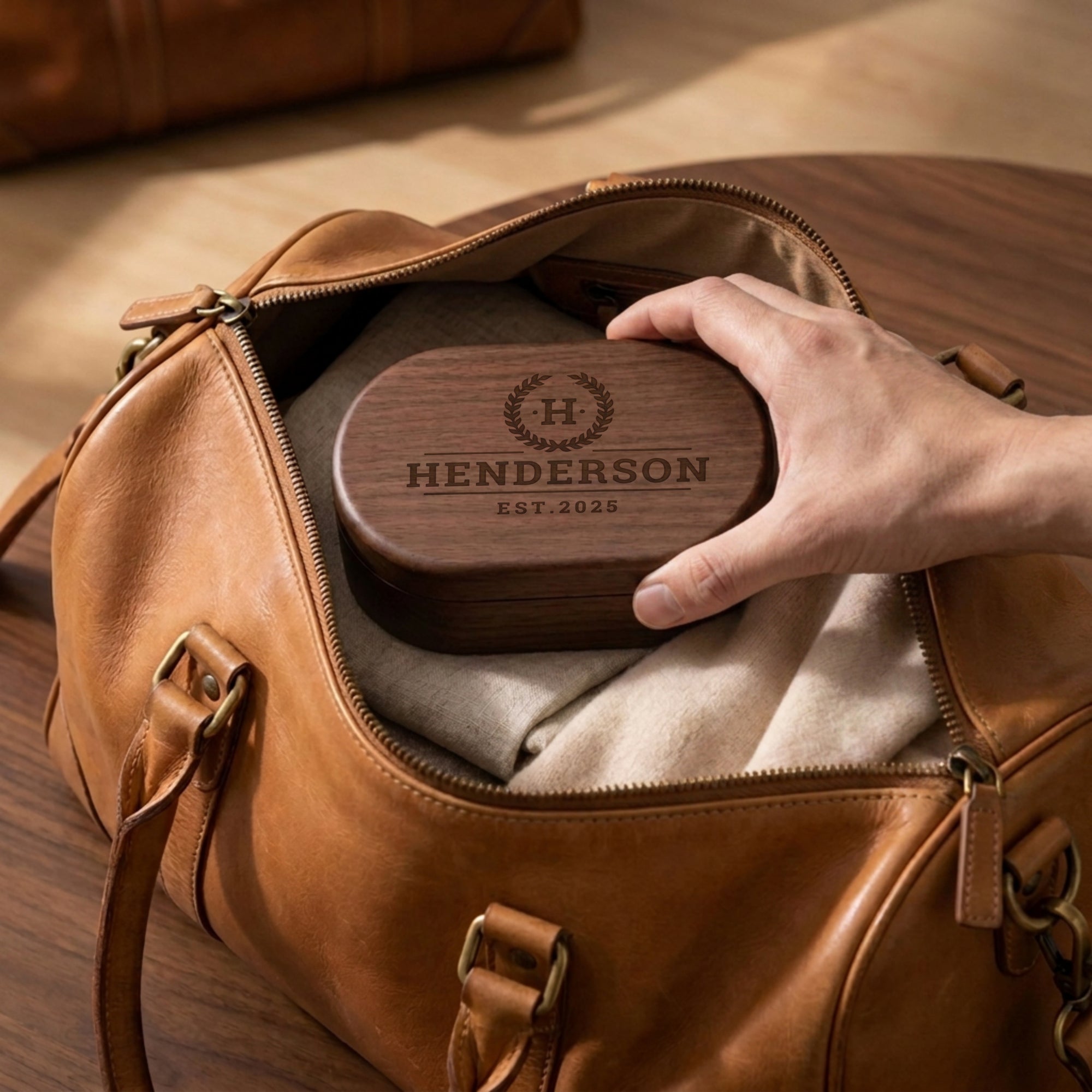 Personalised engraved oval wooden jewellery box with magnetic lid