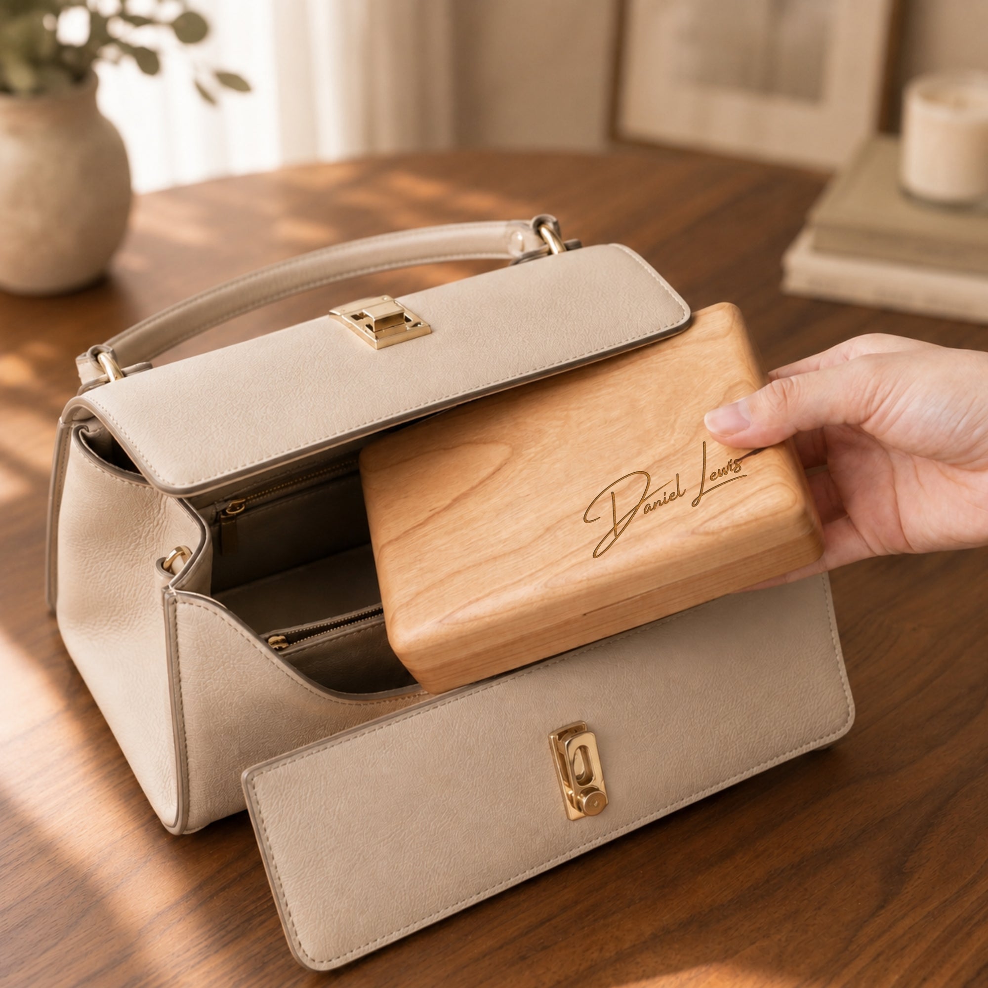 Personalised engraved cherry wood travel jewellery box being placed into a handbag