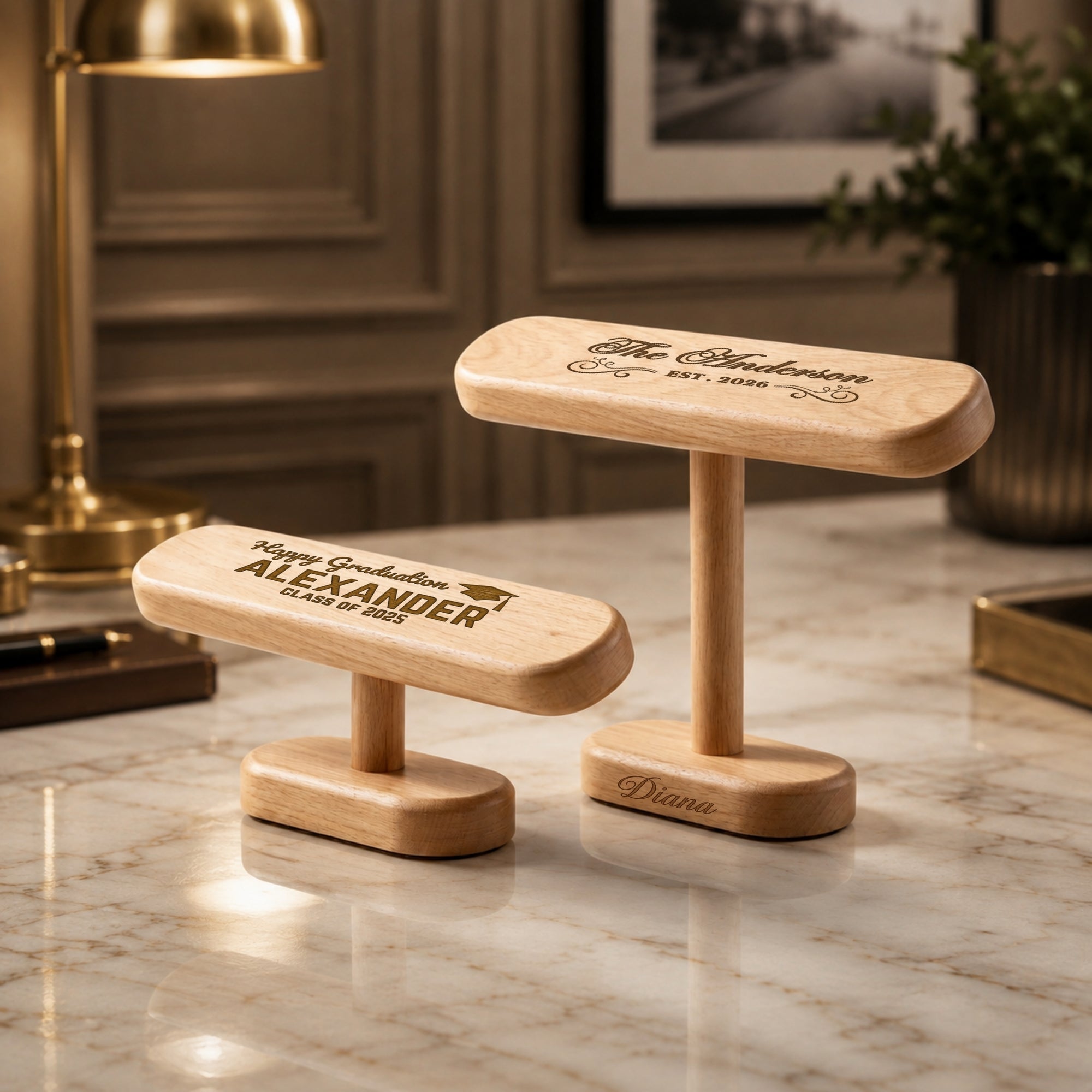 Personalised engraved wooden watch stands in two sizes – walnut and beechwood