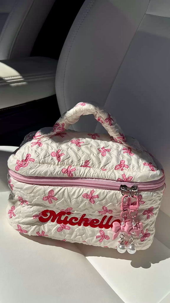 Custom Embroidered Pink Bow Quilted Makeup Bag Set, Personalised Cosmetic Pouch Travel Toiletry Storage, Bridesmaid Destination Wedding Gift