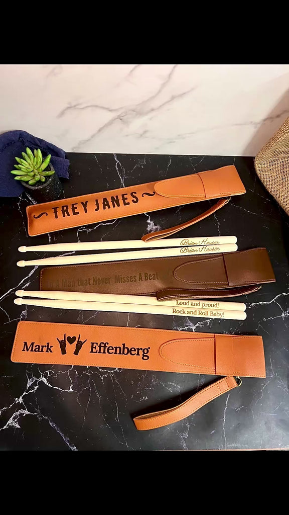 Personalised Pair of 5A Drumsticks & Engraved Leatherette Pouch, Custom Drum Sticks Holder Case, Jazz Rock, Drummers, Musician Dad Xmas Gift