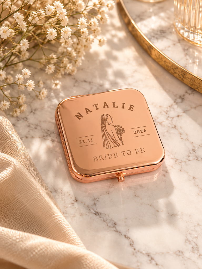 Personalised Metal Double Sided Compact Mirror & Magnification, Custom Engraved Folding Pocket Makeup Tool, Wedding Favours, Bridesmaid Gift