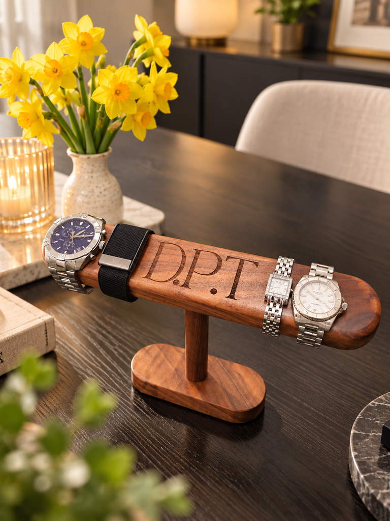 Personalised Wooden Watch Display Stand, Custom Engraved Walnut Beech T-Bar Jewellery Holder, Dad Mom Groomsmen Bridesmaid Housewarming Gift