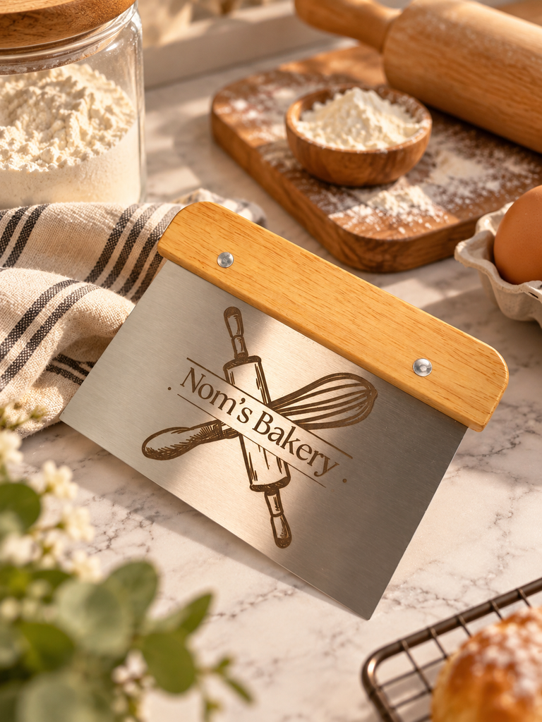 Personalised Dough Scraper, Custom Engraved Stainless Steel Bench Cutter & Wooden Handle, Pastry Baking Kitchen Cooking Tool, Baker Mum Gift