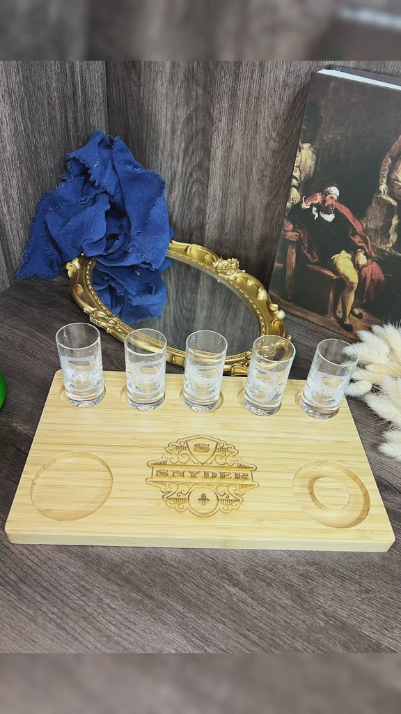 Personalised 5 Crystal Shot Glasses & Custom Engraved Tequila Wooden Flight Board Set, Dad, Bridesmaid Groomsman Wedding Xmas Corporate Gift