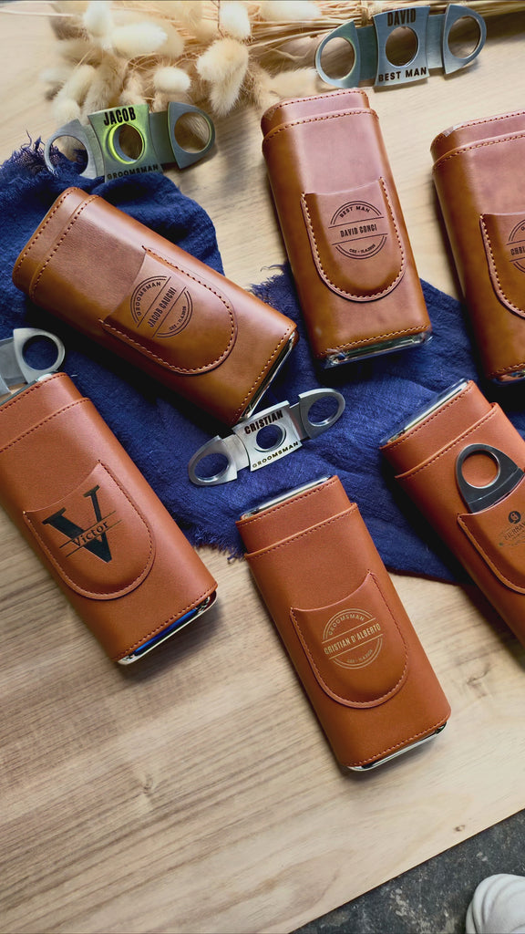 Personalised Tan Leatherette Cigar Case & Cutter Custom Engraved Logo Travel Portable Cedarwood Humidifying Box Groomsman Dad Corporate Gift