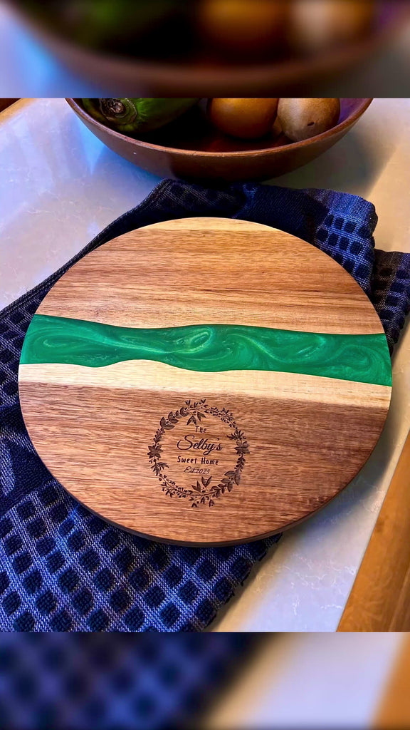 Personalised Wood Round Resin Cheese Tray, Custom Logo Etched Kitchen Cutting Serving Board, Charcuterie Platter Corporate Housewarming Gift