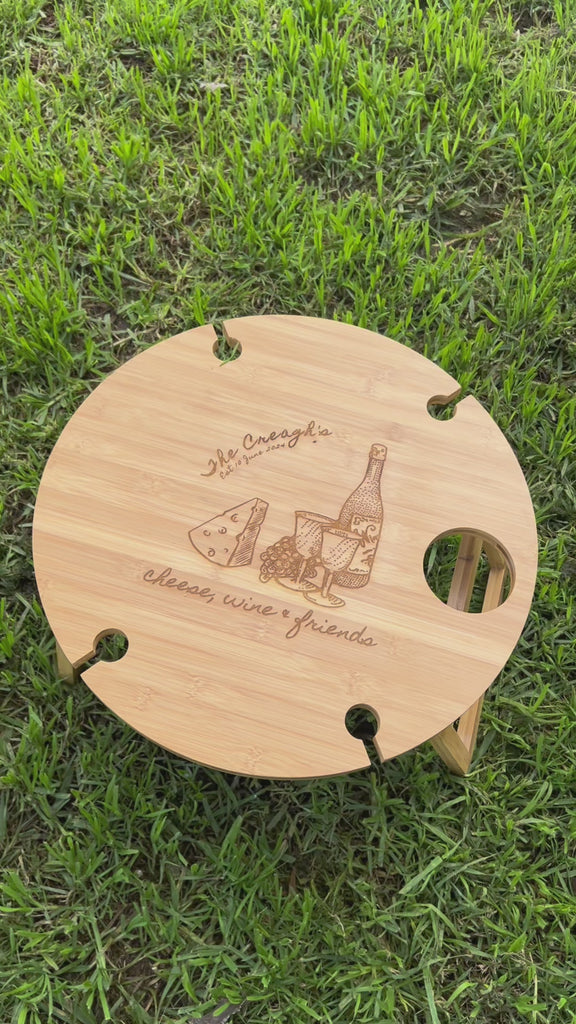 Personalised Bamboo 4 People Picnic Round Table & Crystal Wine Glasses, Engraved Cheese Tray Platter, Camping, Anniversary Housewarming Gift