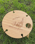 Personalised Bamboo 4 People Picnic Round Table & Crystal Wine Glasses, Engraved Cheese Tray Platter, Camping, Anniversary Housewarming Gift