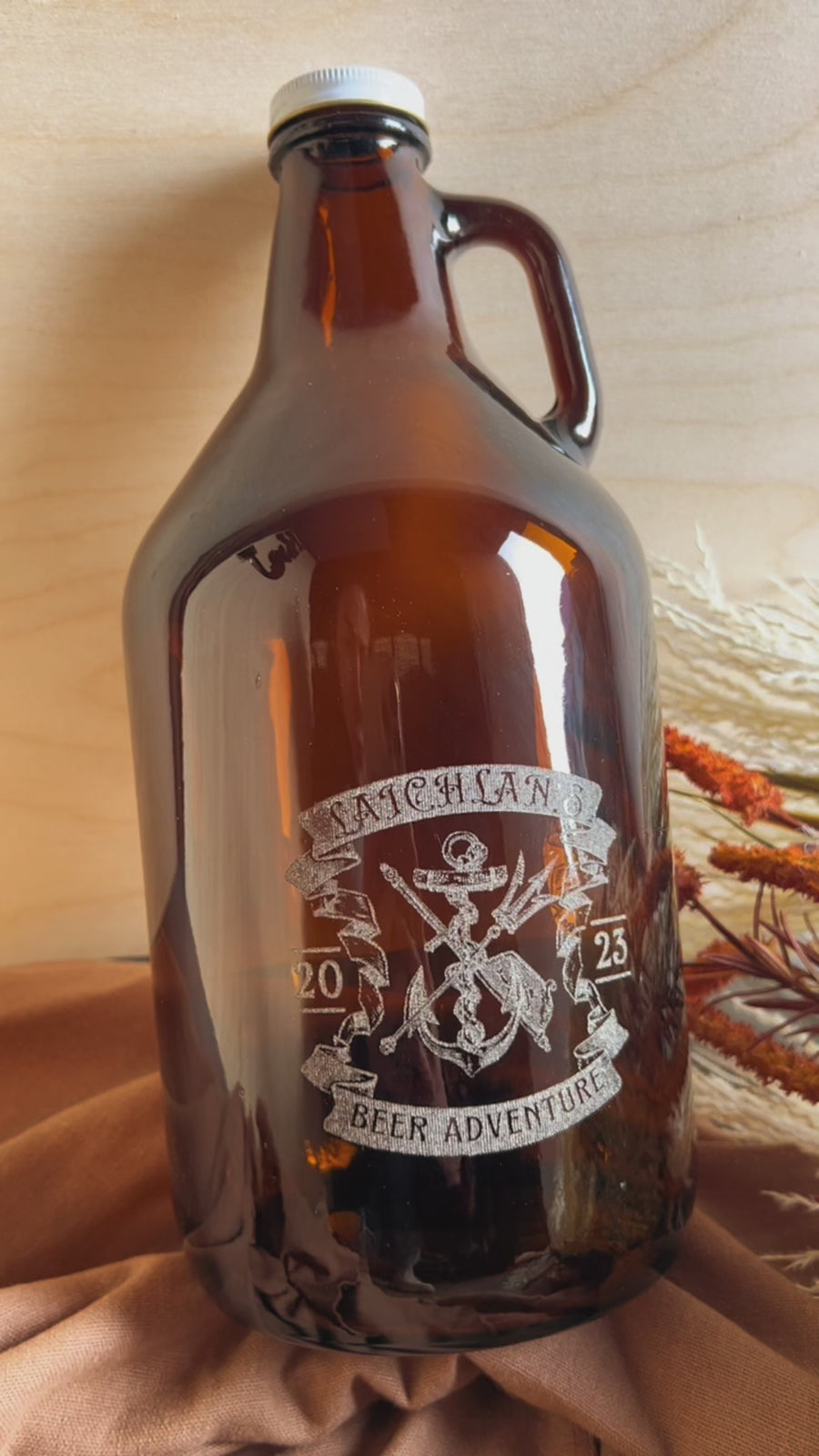 Engraved 1.9L Amber Glass Beer Growler
