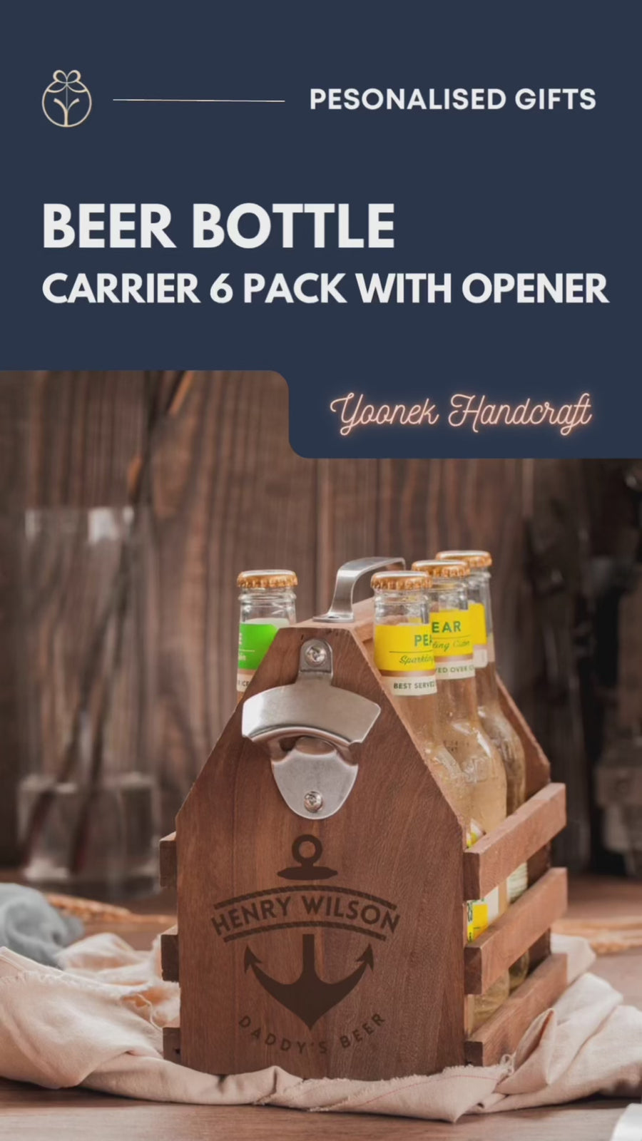 Engraved Wooden Beer Bottle Carrier 6 Pack with Opener