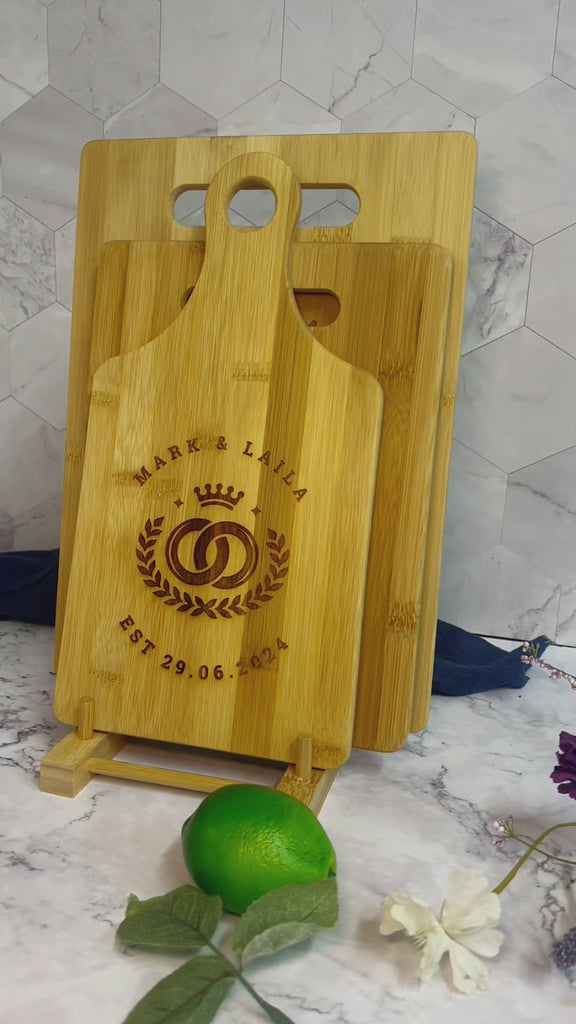 Personalised 3 Bamboo Chopping Boards & Stand Set Custom Engraved Wooden Cutting Paddle Tray Charcuterie Platter Housewarming Corporate Gift