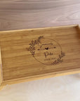 Engraved Portable & Foldable Bamboo Bed Tray Table, Breakfast/ Picnic/ Afternoon Tea Handle Trays, Corporate/ Housewarming Gift, Wedding Favour