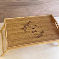 Engraved Portable & Foldable Bamboo Bed Tray Table, Breakfast/ Picnic/ Afternoon Tea Handle Trays, Corporate/ Housewarming Gift, Wedding Favour