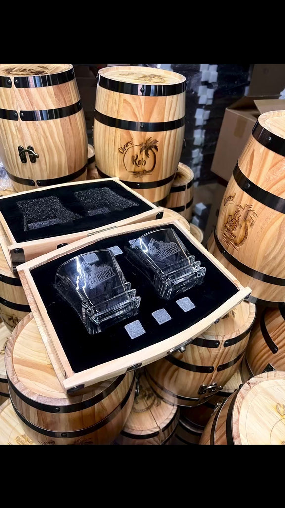 Personalised Wooden Barrel Whiskey Box, 2 Prism Glasses, 6 Ice Stones | Custom Engraved Barware Set, Dad, Groomsmen, Retirement, Xmas Gift 