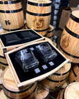 Personalised Wooden Barrel Whiskey Box, 2 Prism Glasses, 6 Ice Stones | Custom Engraved Barware Set, Dad, Groomsmen, Retirement, Xmas Gift 
