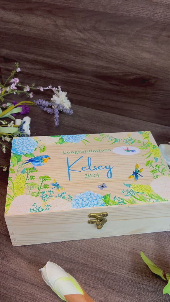 Personalised Printed Floral Wooden Keepsake Box, Custom UV Printed Memory Wedding Treasure Storage, Anniversary, Mother's Day, Birthday Gift