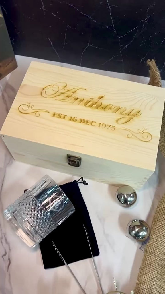 Personalised Deluxe Diamond Italian Crystal Whiskey Glass, 2 Chilling Balls, Tongs, Pouch & Engraved Wooden Box, Groomsman Barware Gift Set