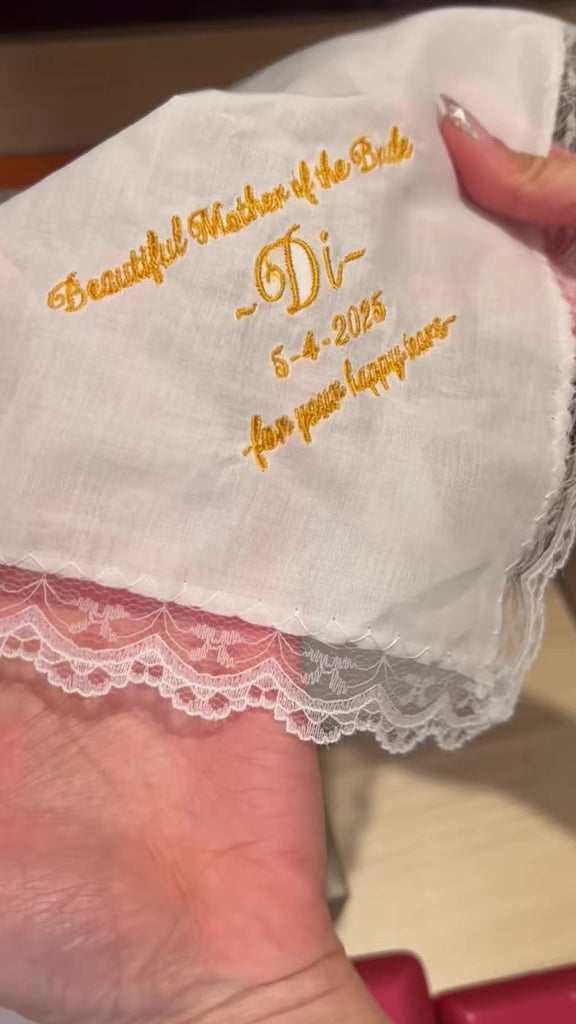 Custom Embroidered Lace Trim Handkerchief, Personalised Guest Table Name Place Hankies, Anniversary, Wedding, Mother, Bride, Bridesmaid Gift