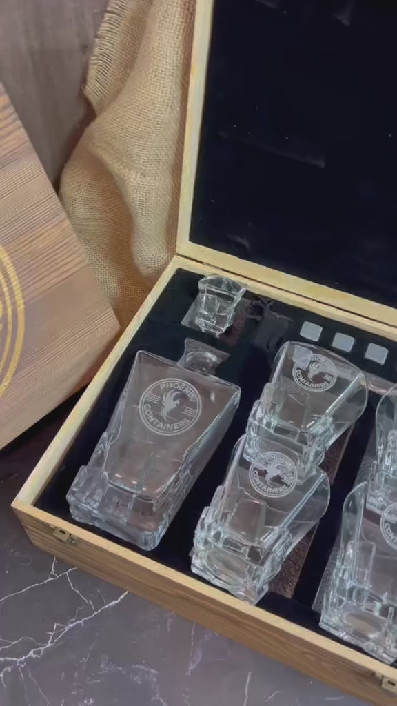 Personalised Wooden Boxed Whiskey Decanter Set, 4 Scotch Glasses, 6 Ice Stones & Tongs | Custom Engraved Groomsmen, Wedding, Whisky Bar Gift